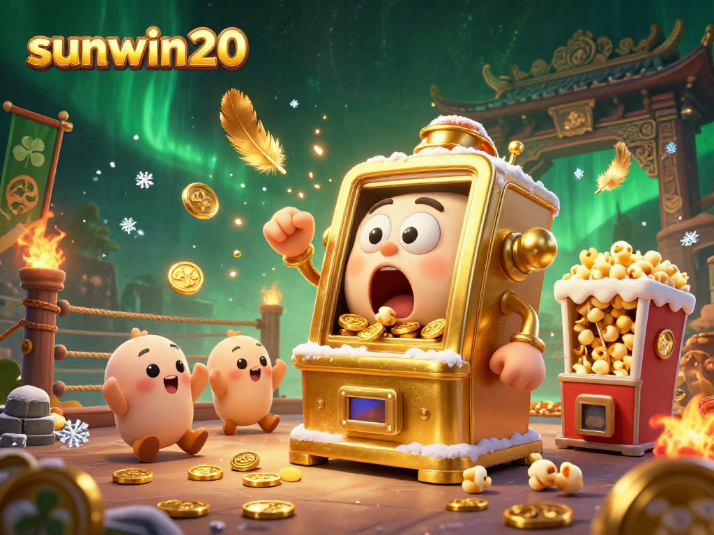 Experience the excitement of sunwin20 with a golden slot machine hitting its jackpot amidst a vibrant casino scene.