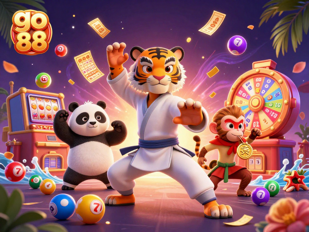 Experience excitement at go 88 with kung fu characters engaging in vibrant lottery action.