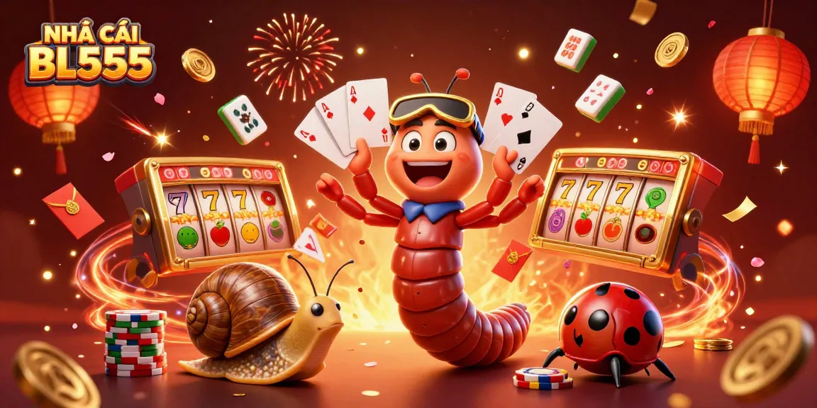 Experience the excitement of NHÀ CÁI BL555 with a vibrant casino scene featuring animated characters and slot elements.