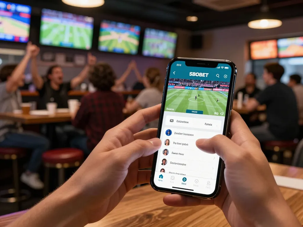Aplikasi SBOBET menunjukkan aksi taruhan olahraga langsung dengan pengguna yang memasang taruhan di bar olahraga yang ramai.