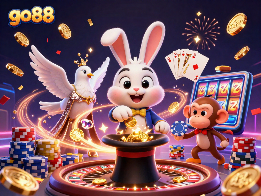 Experience the excitement at go88 with a vibrant scene of casino games, coins, and winning moments.