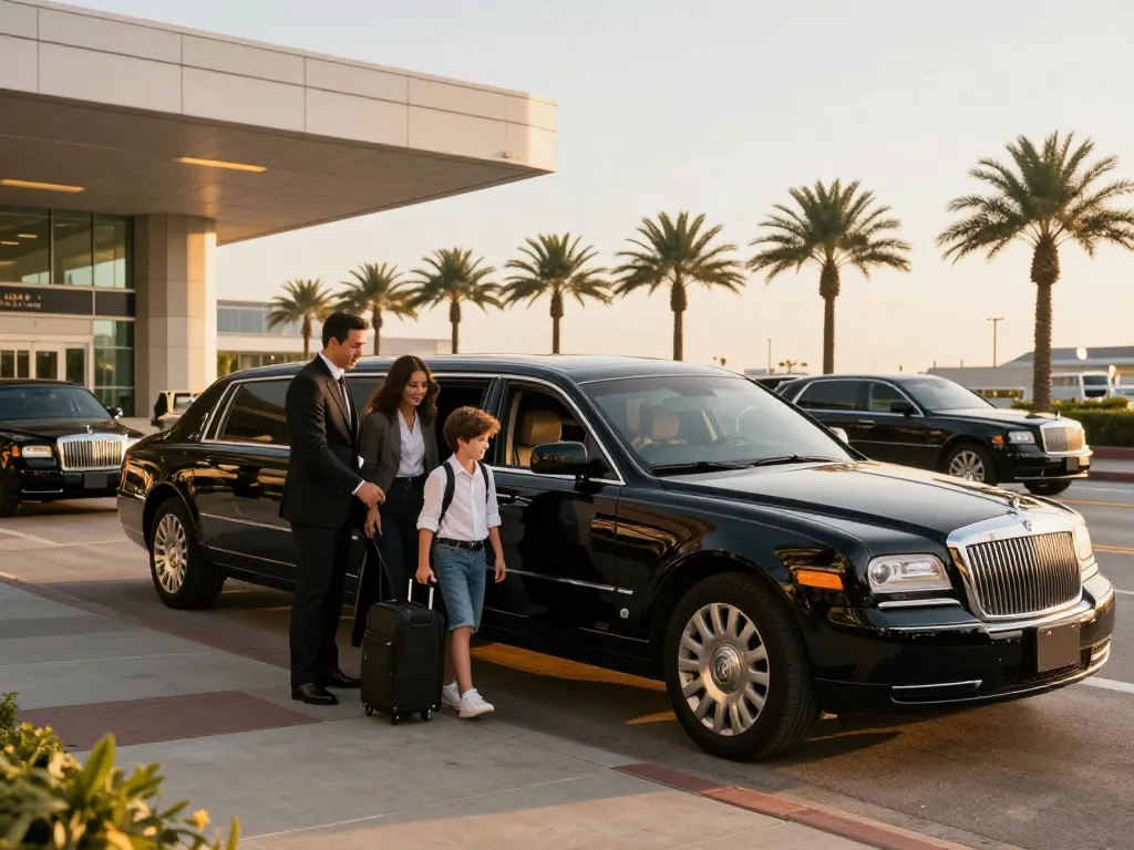 Midway airport limo service showcasing a luxury limousine arriving at the airport with a professional chauffeur.