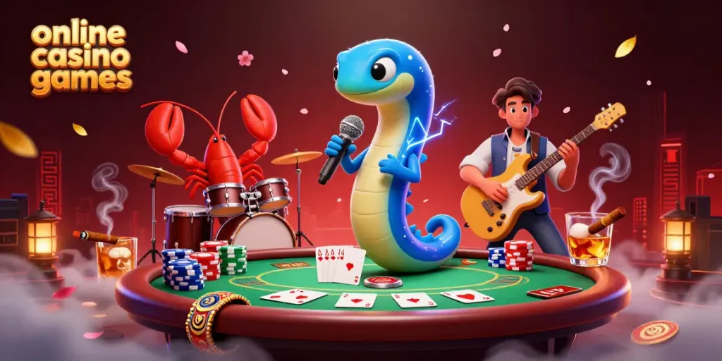 Experience vibrant online casino games with an electric eel DJ, lobster drummer, and seahorse guitarist on stage.