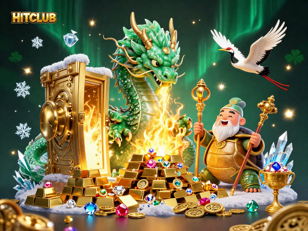 Engage in HITCLUB's thrilling gaming experience with a vibrant dragon and lucky symbols.
