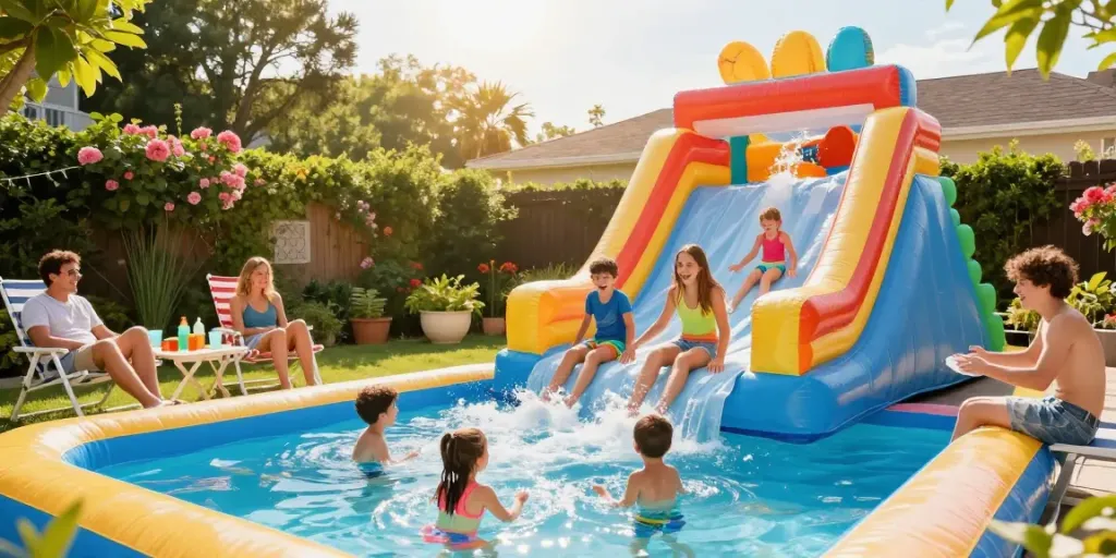 Kids sliding down a vibrant water slide in a sunny backyard.