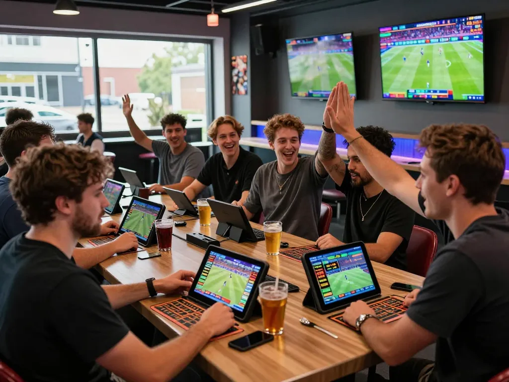 SBOBET88 gathering in sports betting lounge showcasing excitement and camaraderie.