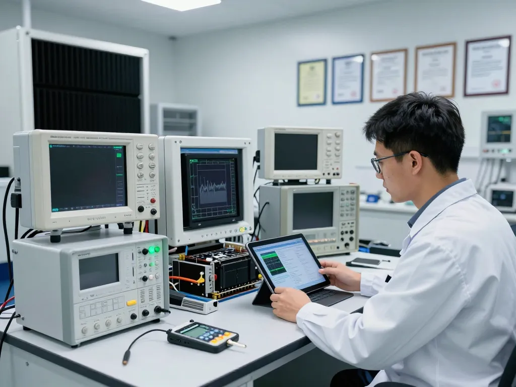 Technician conducting Automotive EMC testing in a state-of-the-art lab with advanced equipment.