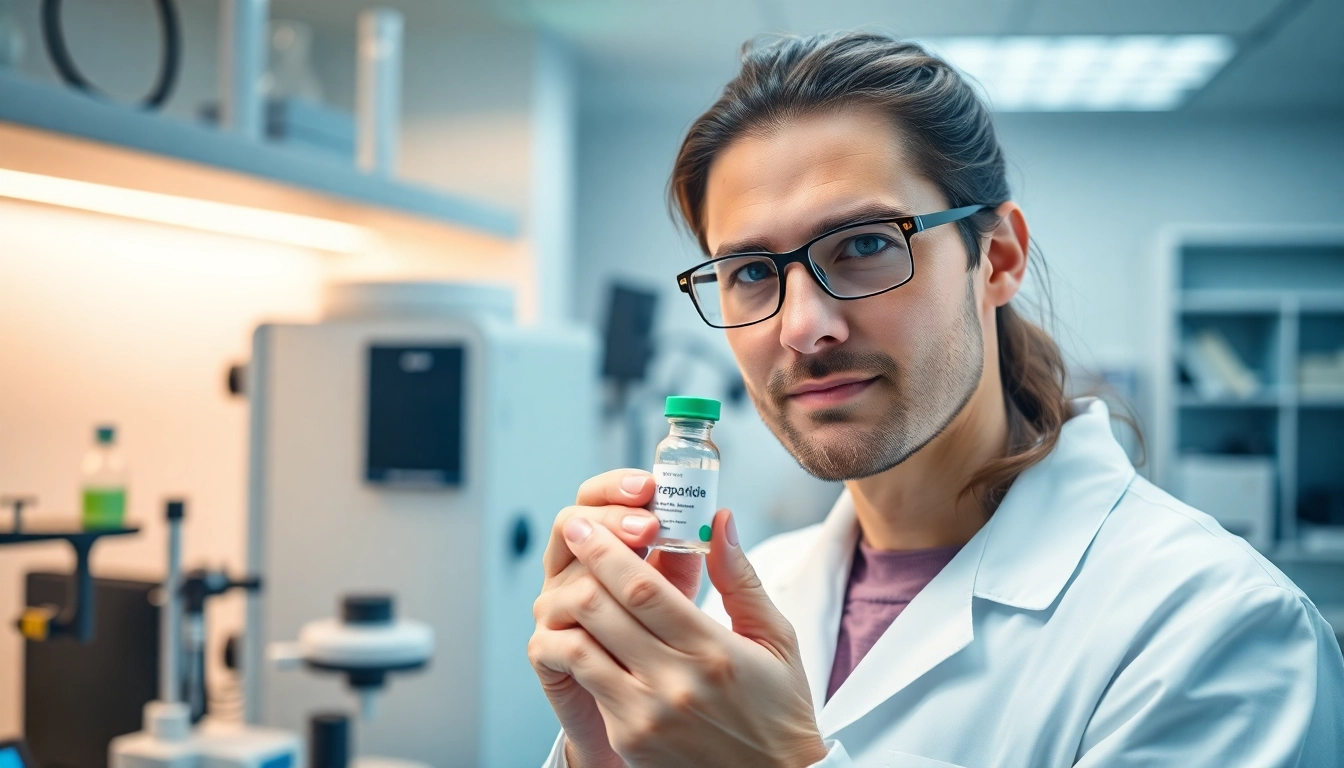 Tirzepatide vial held by a dedicated scientist in a modern laboratory setting.