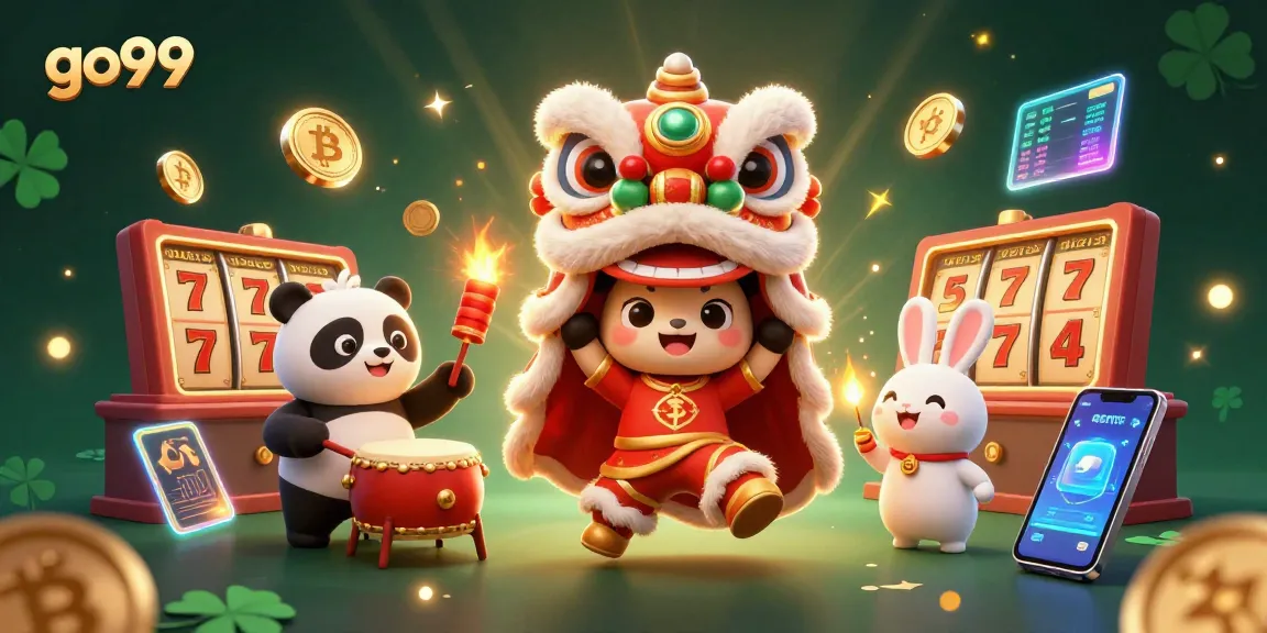 Experience thrilling gaming with go99's vibrant casino scene featuring lucky symbols and characters.