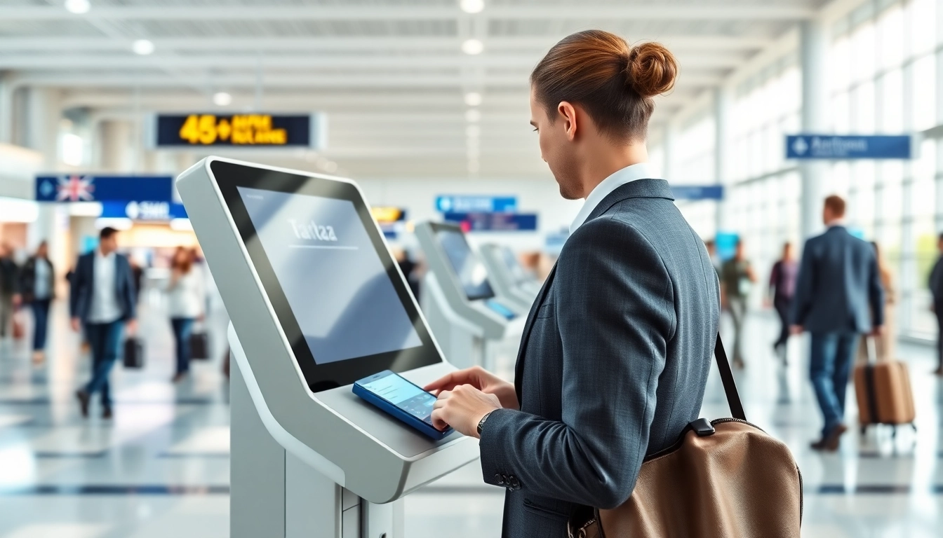 Complete the uk eta online application at a modern airport kiosk.