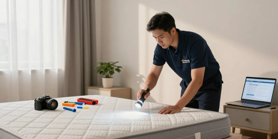 Bed bug exterminator inspecting mattress with tools in a clean bedroom environment.