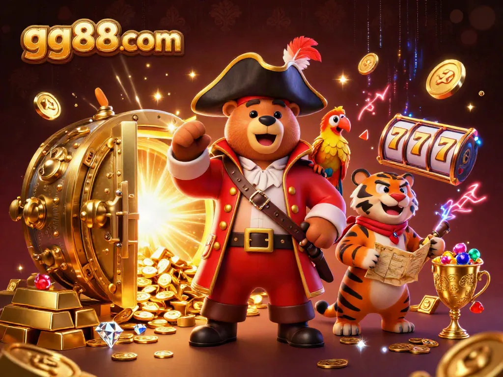 Spin at gg88com with a pirate captain bear and his fierce tiger first mate in a casino treasure scene.