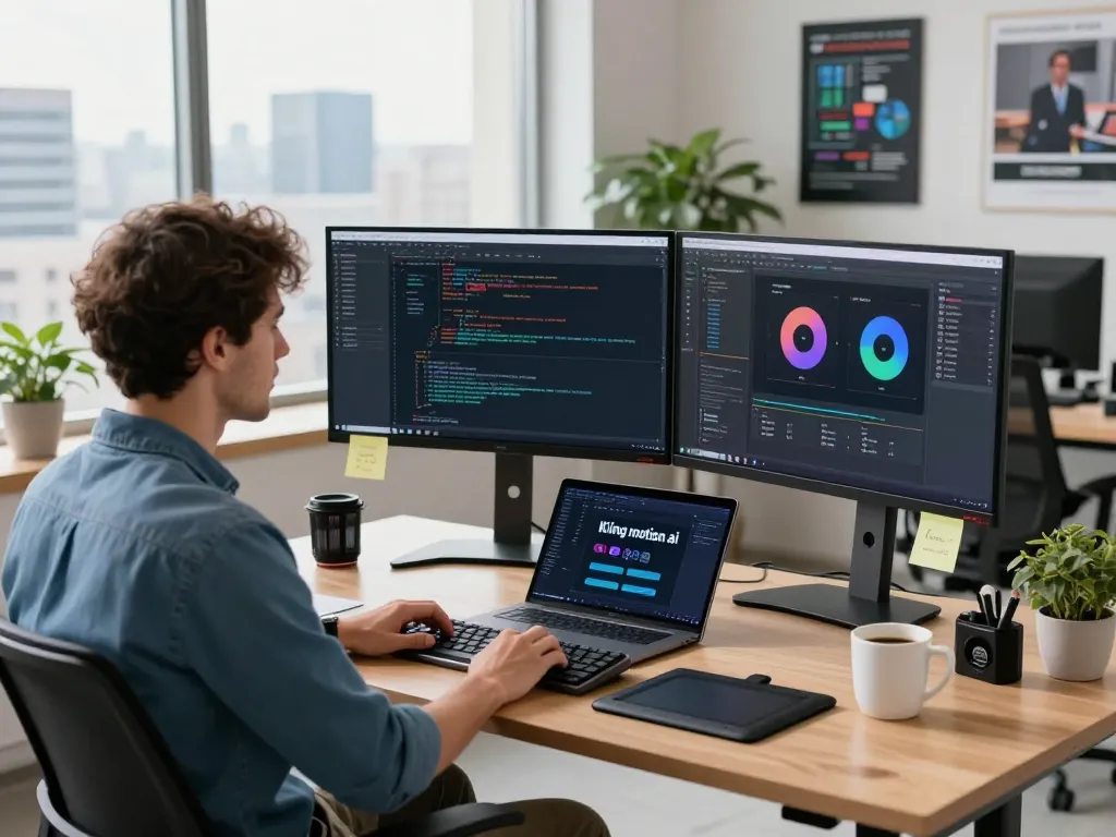 Developer using Kling motion ai in a bright tech workspace, dual monitors, coding environment.
