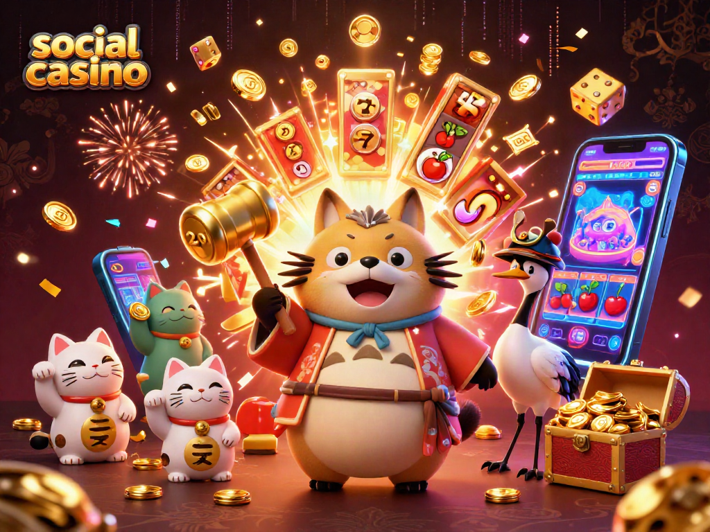 Experience excitement in a social casino with a cheerful tanuki, lucky symbols, and vibrant gaming elements.