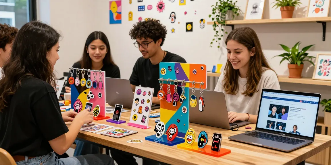 Custom acrylic stand displays showcasing vibrant designs and keychains in a bright retail setting.