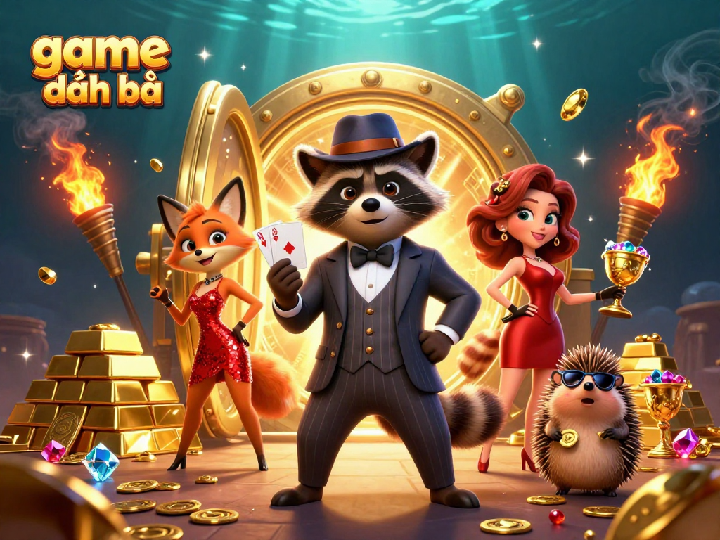 Play game đánh bài with a raccoon and fox in a dazzling casino-themed scene