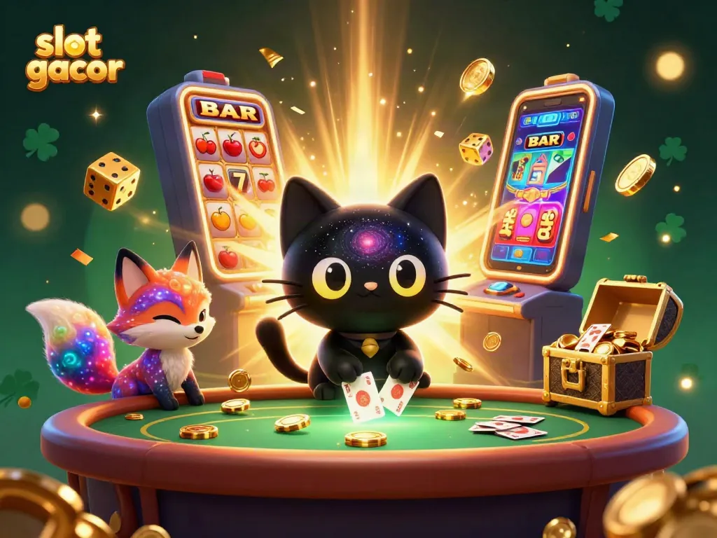 Catch the excitement of slot gacor with a cosmic-themed casino scene featuring charming characters.