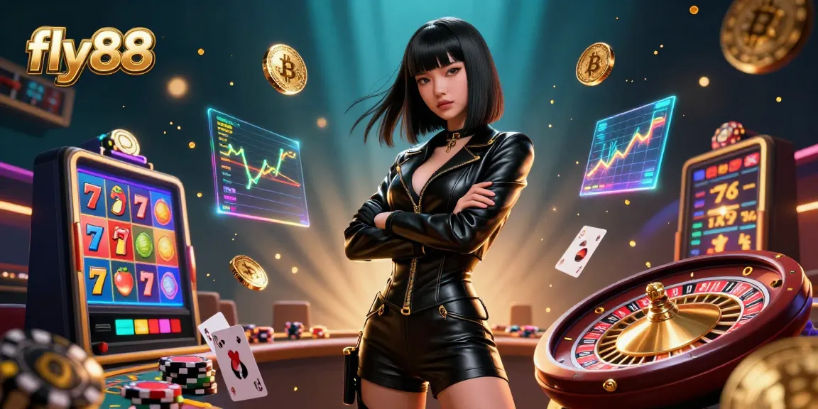 Experience the dynamic gaming thrill at fly88 with vibrant slot reels and cryptocurrency elements in a compelling casino scene.