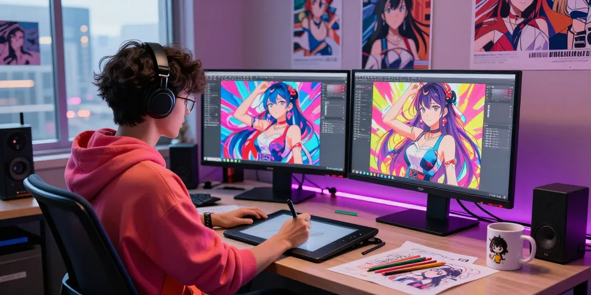 Creative digital artist designing ai ecchi characters in a vibrant studio
