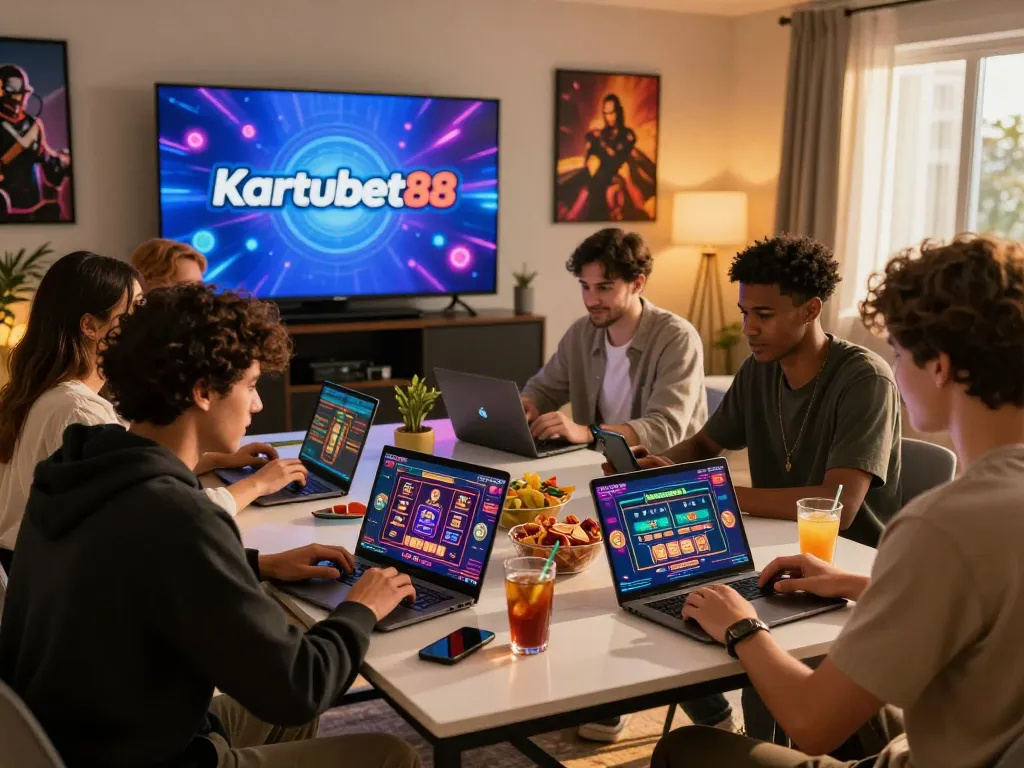 Engaging group enjoying Kartubet88 online gaming session with devices and snacks