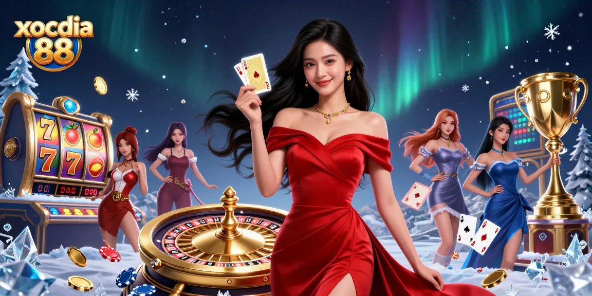 Winning big at xocdia 88 with a beautiful Asian woman holding a golden playing card.