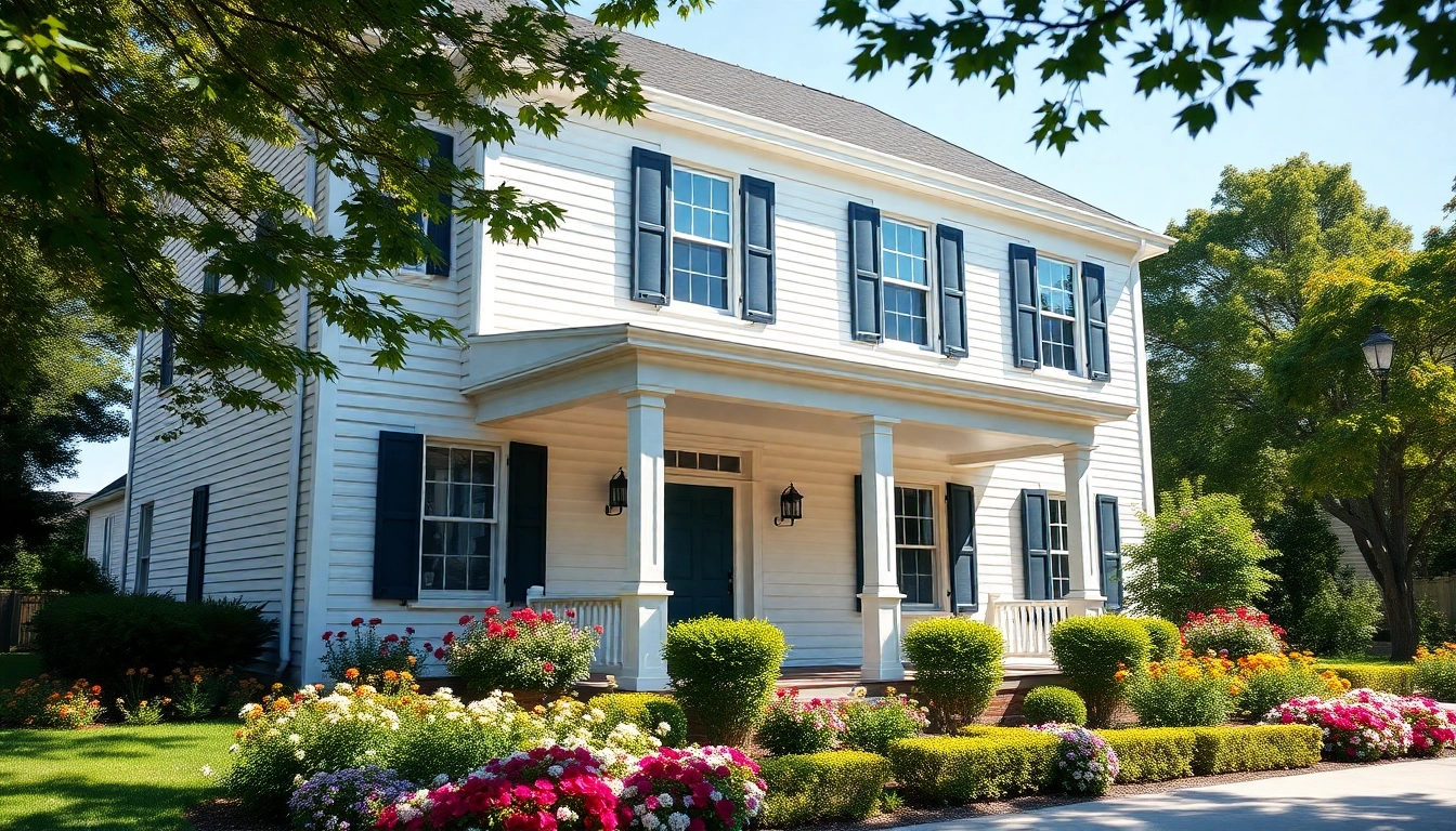 Colonial home construction with classic two-story design, vibrant garden, and inviting porch.