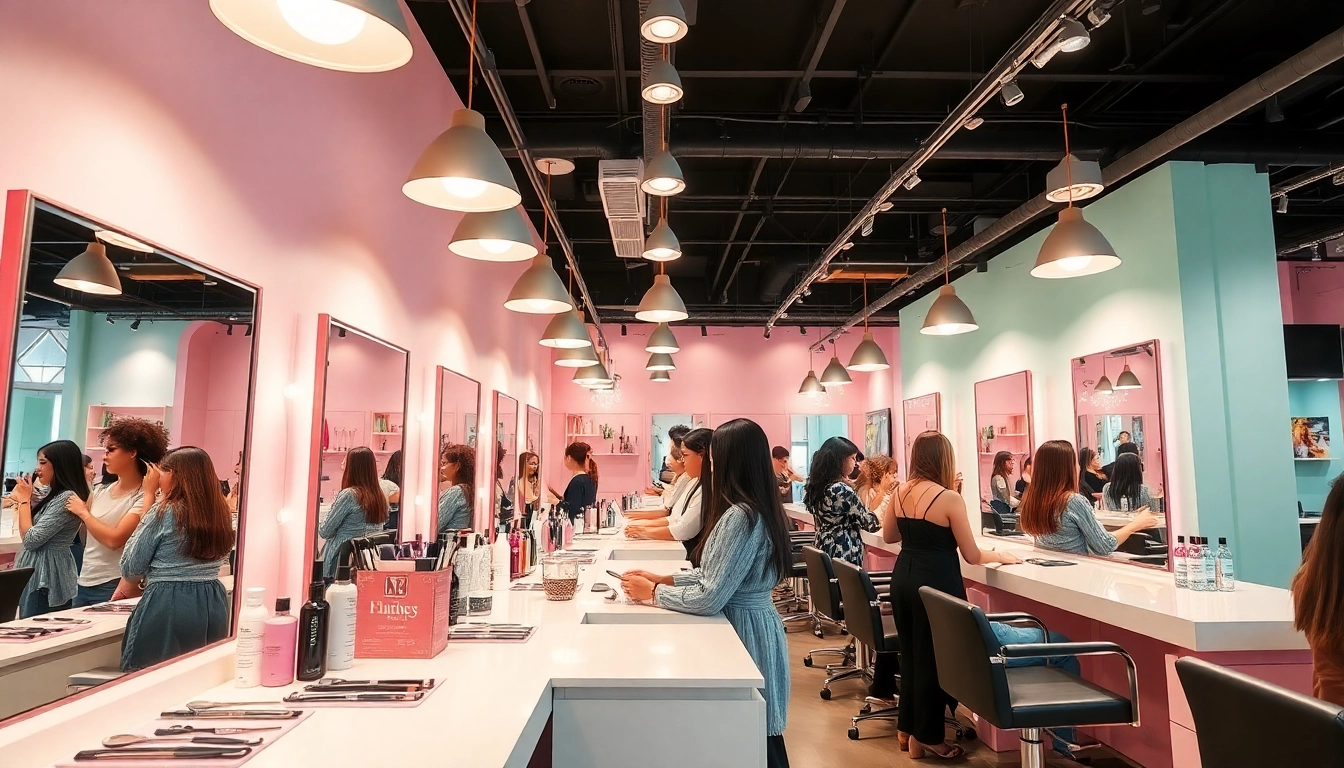 Gorgeous interior of a 헤어샵 with bright decor, hairstylists at work.