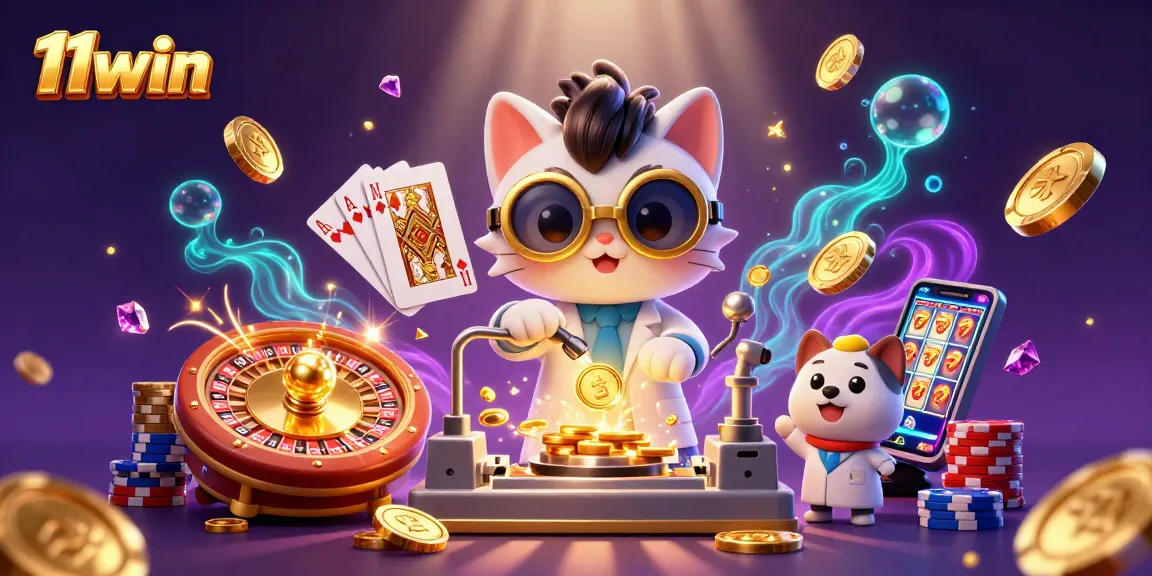Engage with 11win's exciting casino scene featuring a mad scientist cat creating gold coins amidst vibrant gambling elements.