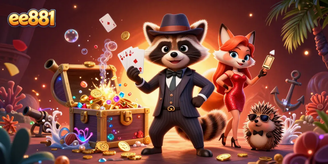 Engage in winning strategies at ee881 with a charming raccoon, fox lady, and hedgehog bouncer amidst vibrant casino elements.