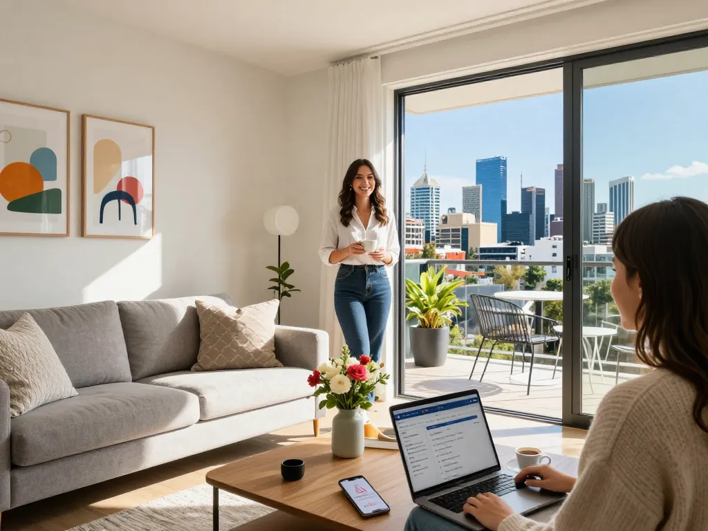 Engaging living space for airbnb management perth with welcoming host and city views.