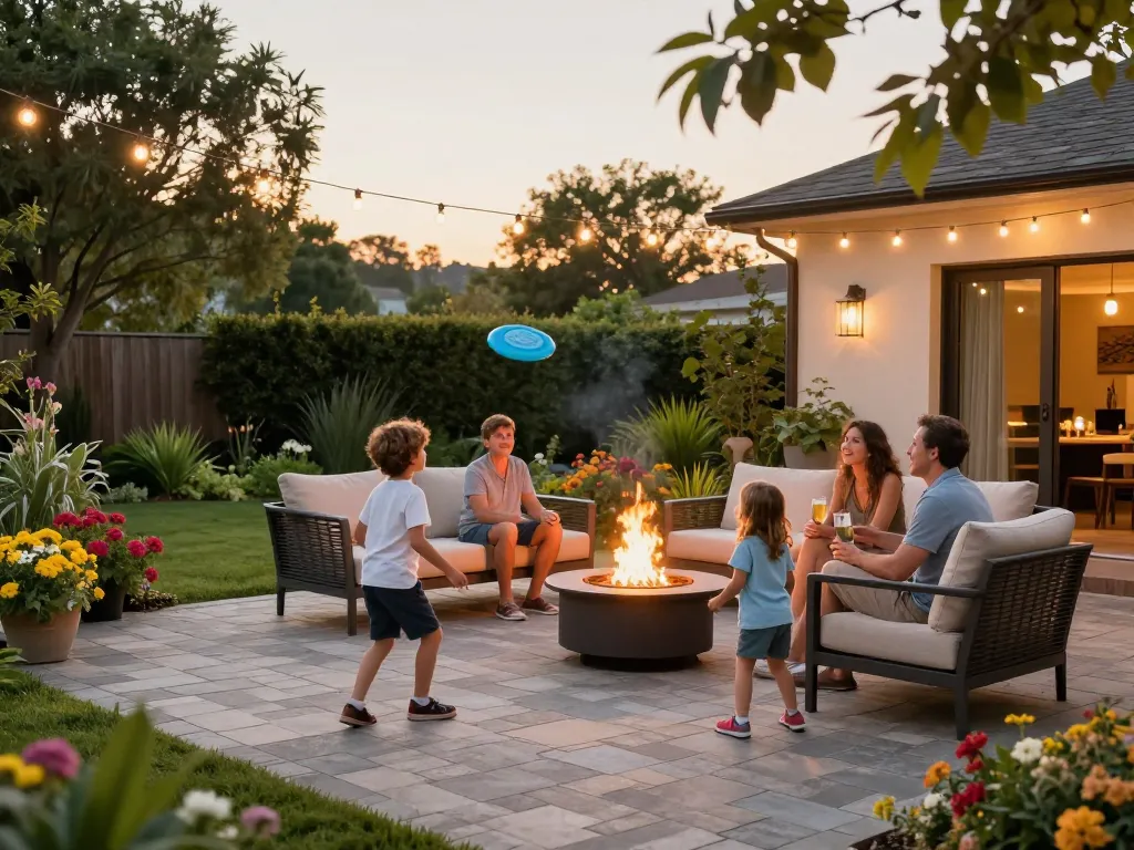 Paver patio near me featuring family enjoying a cozy outdoor gathering in a beautifully landscaped setting.