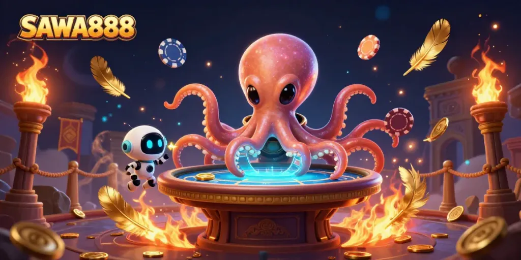 SAWA888 alien octopus plays poker in a dynamic casino scene with gold coins and vibrant effects.
