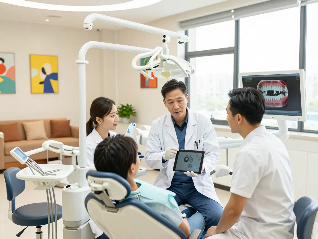 Dental clinic consultation with dental professionals explaining modern equipment to a patient.