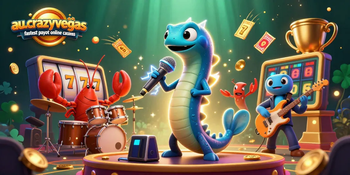 A vibrant scene showcasing au.crazyvegas.com fastest payout online casinos with lively characters and casino elements celebrating quick withdrawals.