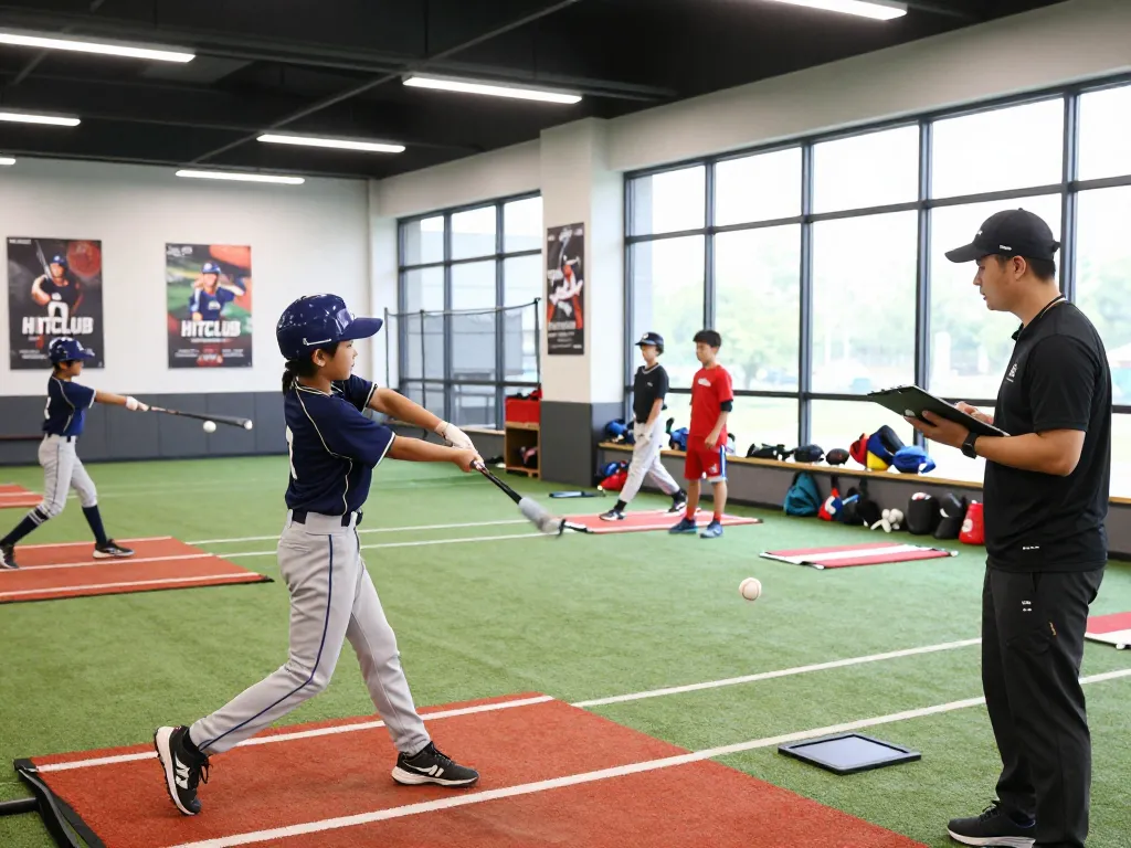 Hitclub baseball training scene with young athletes practicing swings in modern facility.