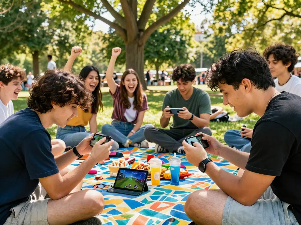 Exciting outdoor scene featuring friends enjoying m88 link mobile gaming during a sunny day.