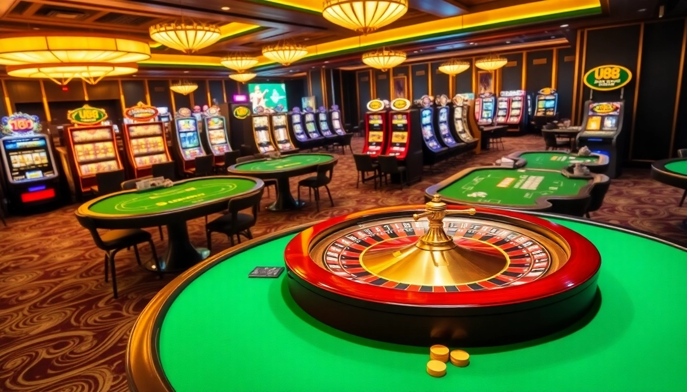 Players enjoying a thrilling U88 casino experience with vibrant gaming tables and roulette wheel.