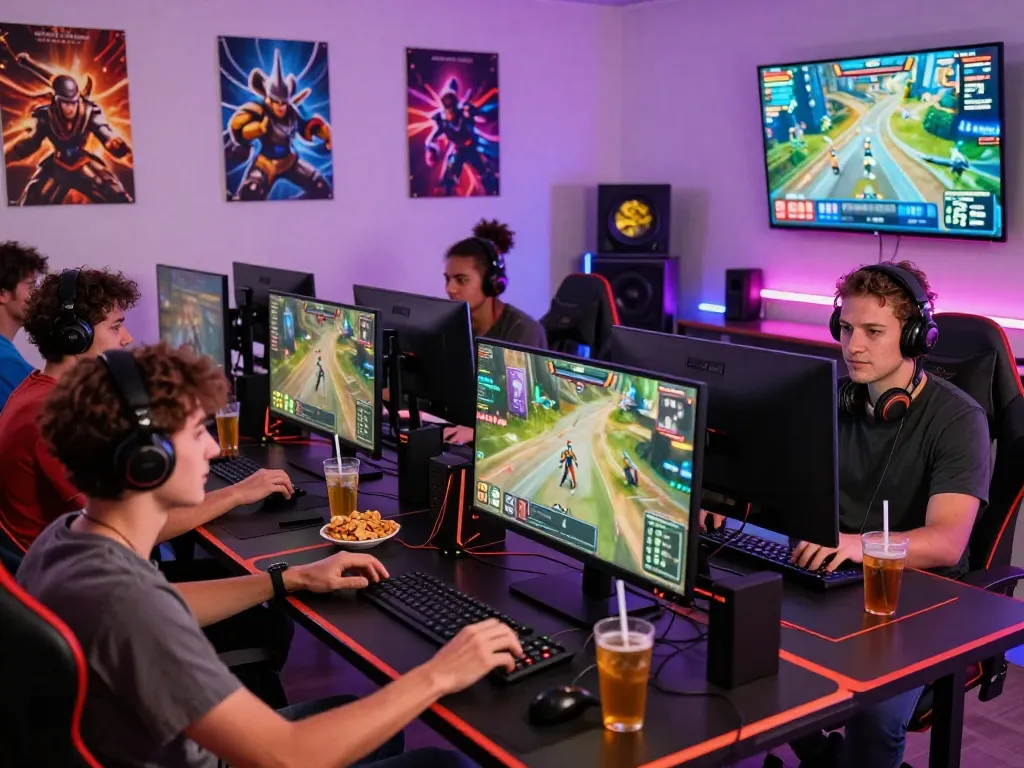 Exciting group gaming session at home showcasing sun win online gaming experience, with vibrant LED lights and snacks.