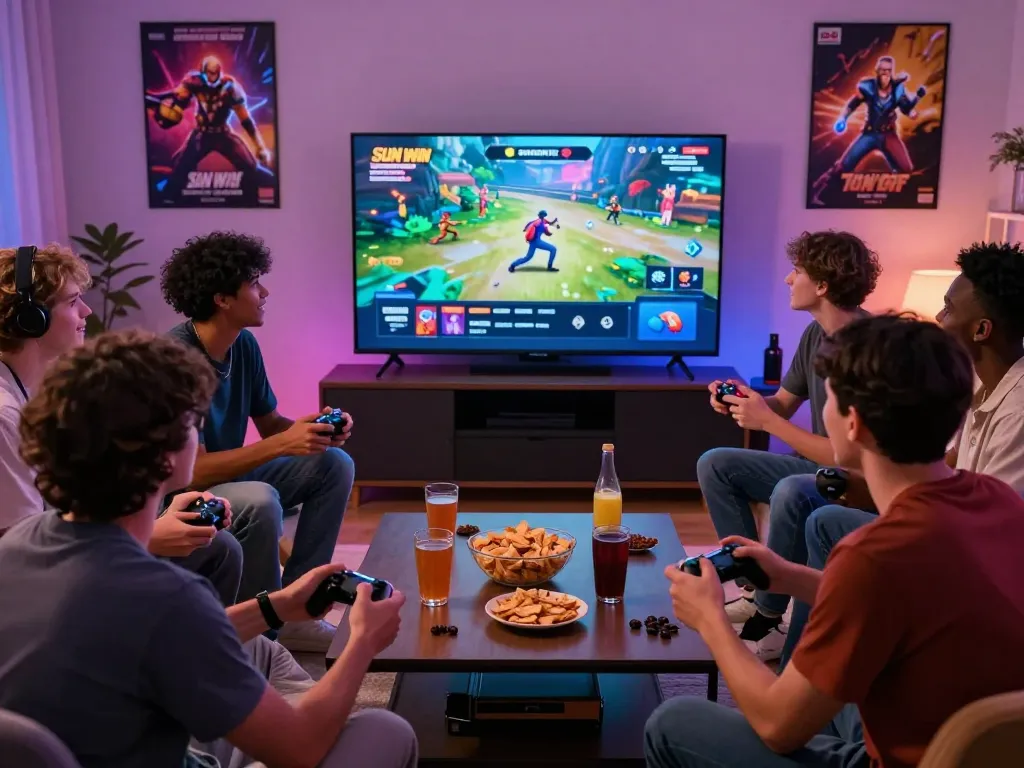 Sun win gaming session with friends in a lively living room setting, showcasing the fun atmosphere of competitive gaming.
