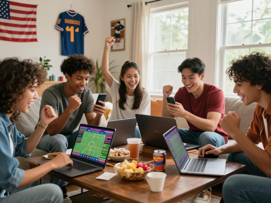 Friends experiencing nhà cái uy tín excitement while betting online together in a lively living room.