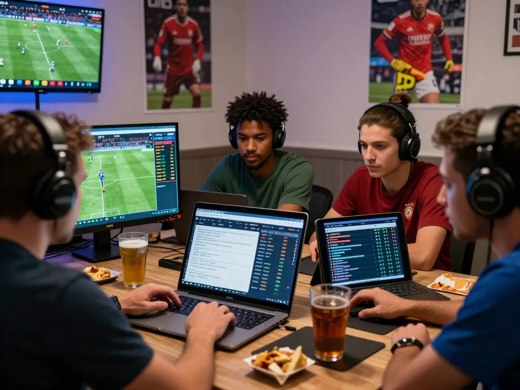 Engaged bettors analyzing odds on 1gom during a live football game.
