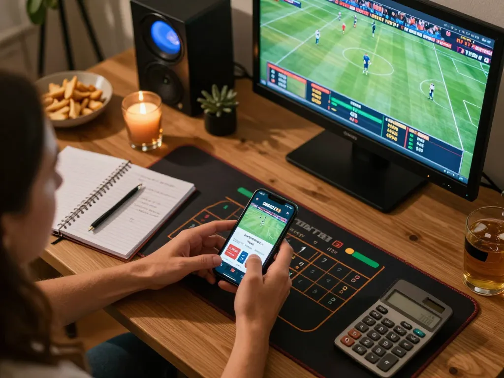 Taruhan olahraga SBOBET88 disorot saat seseorang melakukan taruhan langsung di smartphone dalam suasana yang nyaman