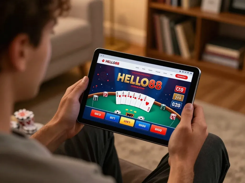 Player enjoying poker on HELLO88 tablet while relaxing at home, capturing online gaming excitement
