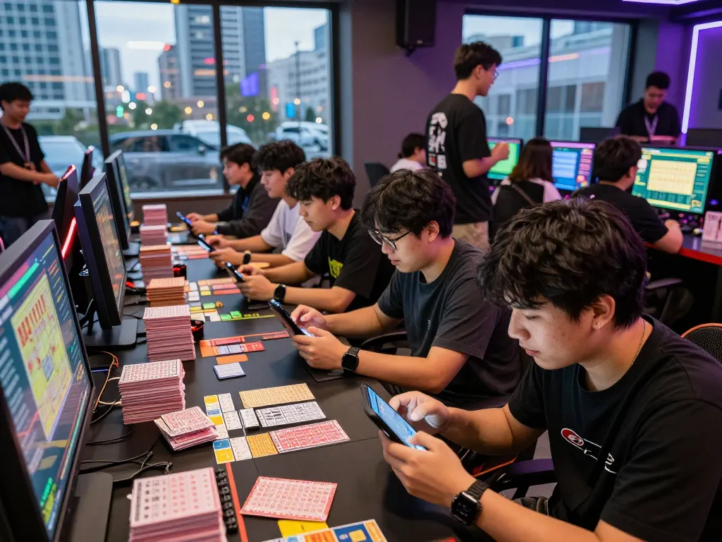 Sekelompok pemain yang terlibat dalam strategi lotere Data HK di pusat permainan kota.