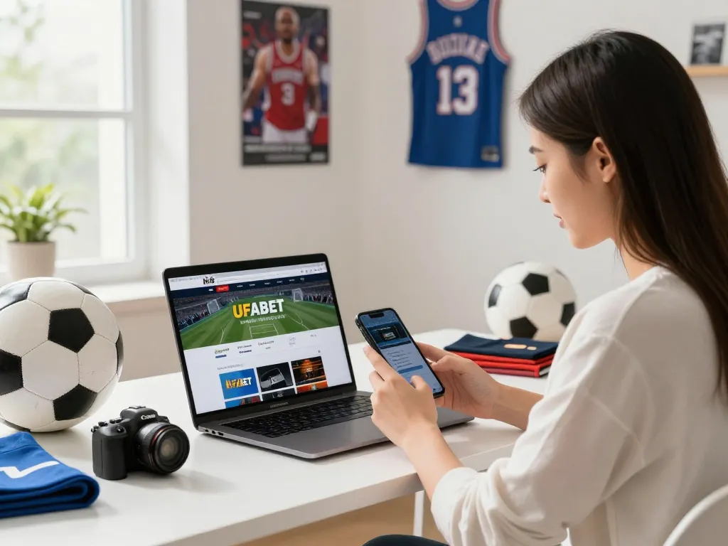 Dynamic online betting scene with UFABET website displayed on laptop, sports memorabilia, and engaged young adult.