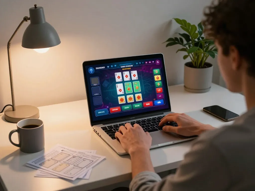 Player engaged in online gaming at desk, highlighting mb66-t experience with live dealer gameplay.