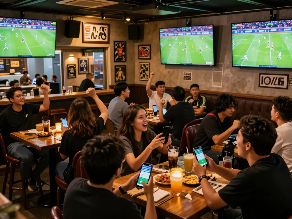 Fans checking tỷ lệ kèo nhà cái 5 on smartphones while celebrating in lively sports bar during match