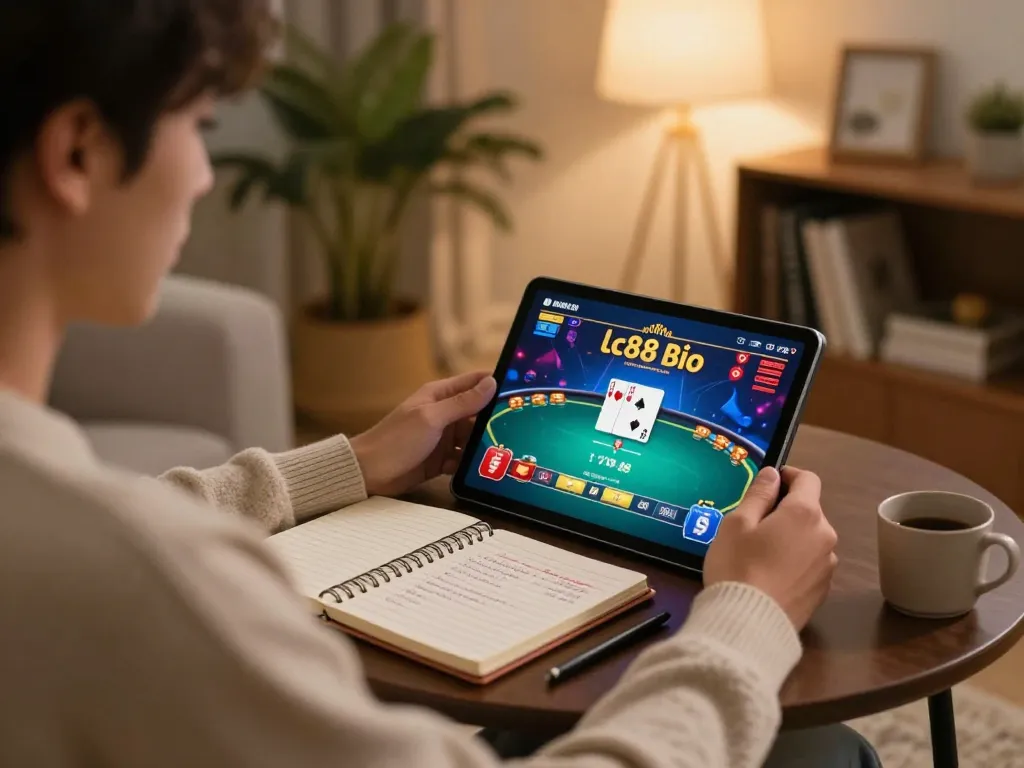 Engaging in online gaming with lc88 bio on tablet, surrounded by relaxing ambiance and strategy notes.