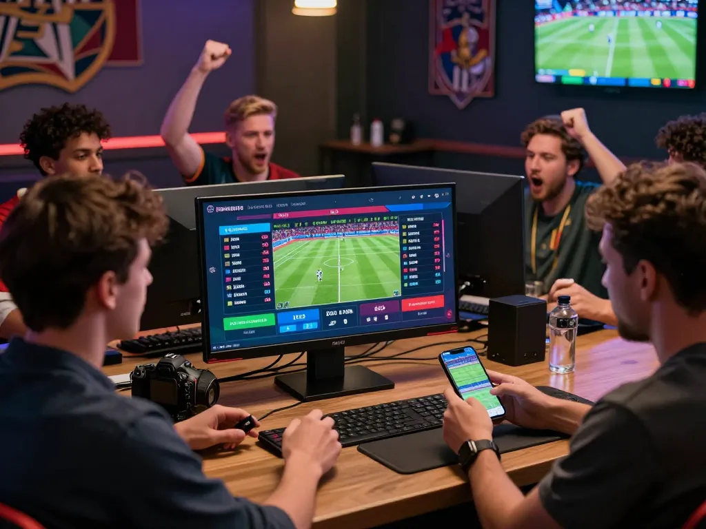 Players engaging with OKFUN online betting platform, showcasing vibrant sports statistics and live match odds.