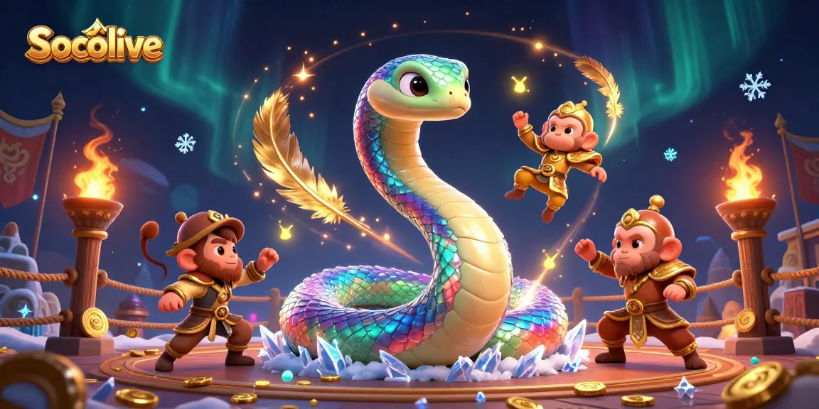 Socolive showcases a vibrant scene of a rainbow serpent and a monkey king amidst dynamic gambling elements, illustrating excitement in gaming.